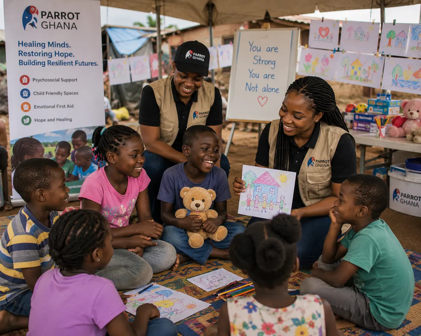Parrot Ghana team member supporting children in a wellbeing session.