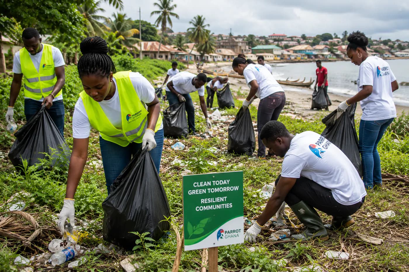 Parrot Ghana volunteers cleaning a waterway and community environment.