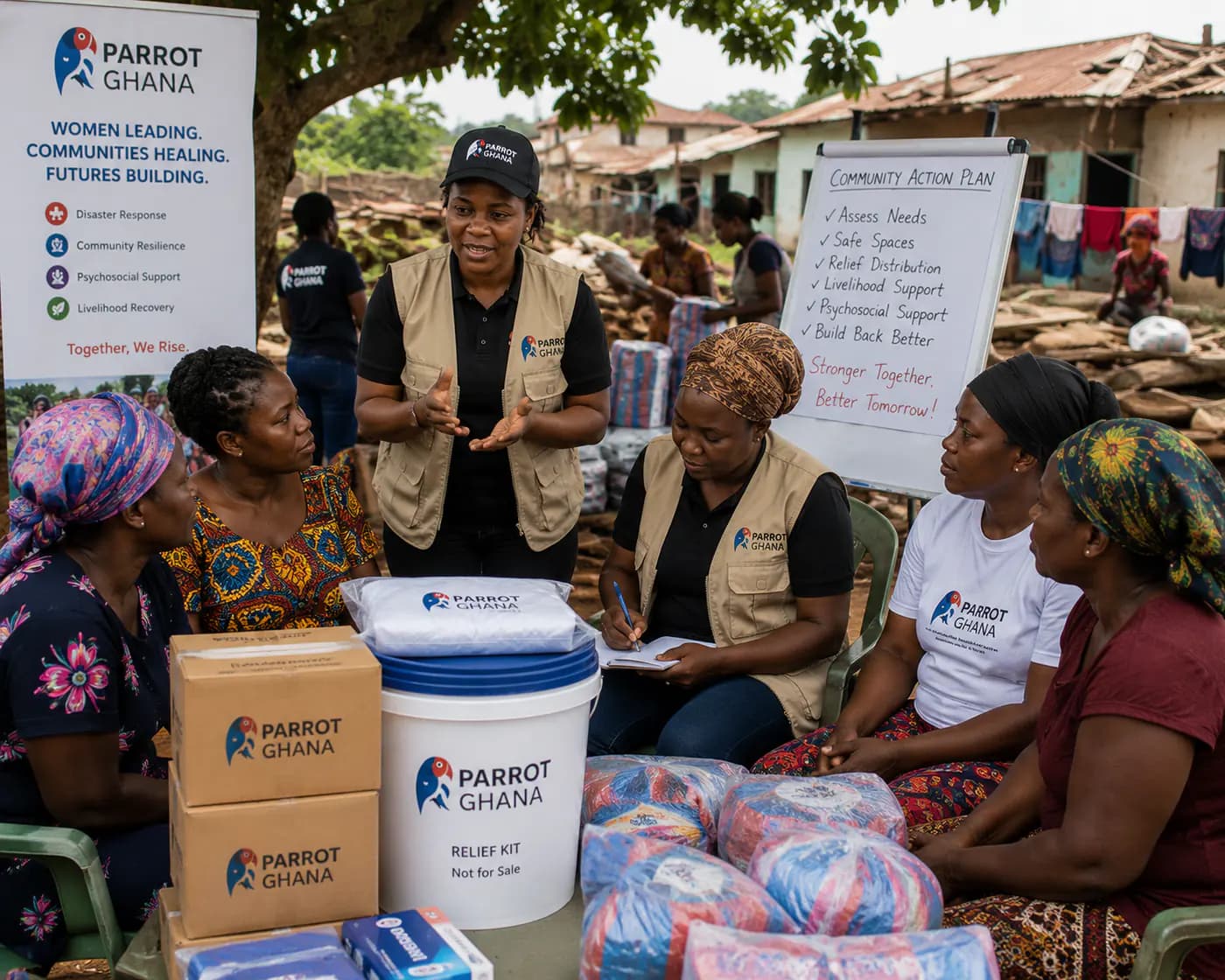 Parrot Ghana staff discussing community goals with women at a field table.