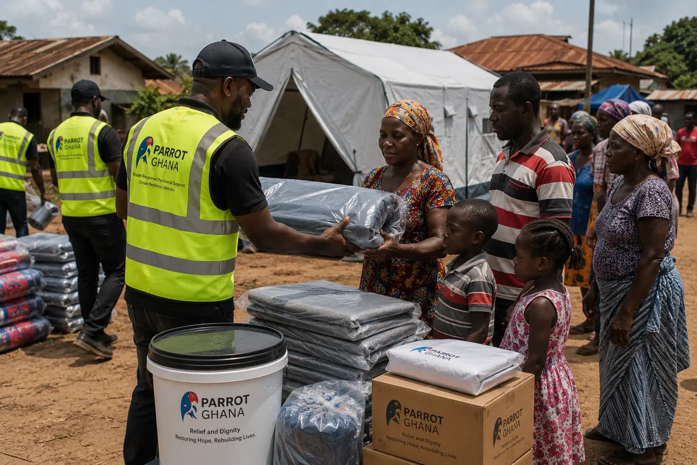 Parrot Ghana workers unloading shelter and relief supplies in a community.