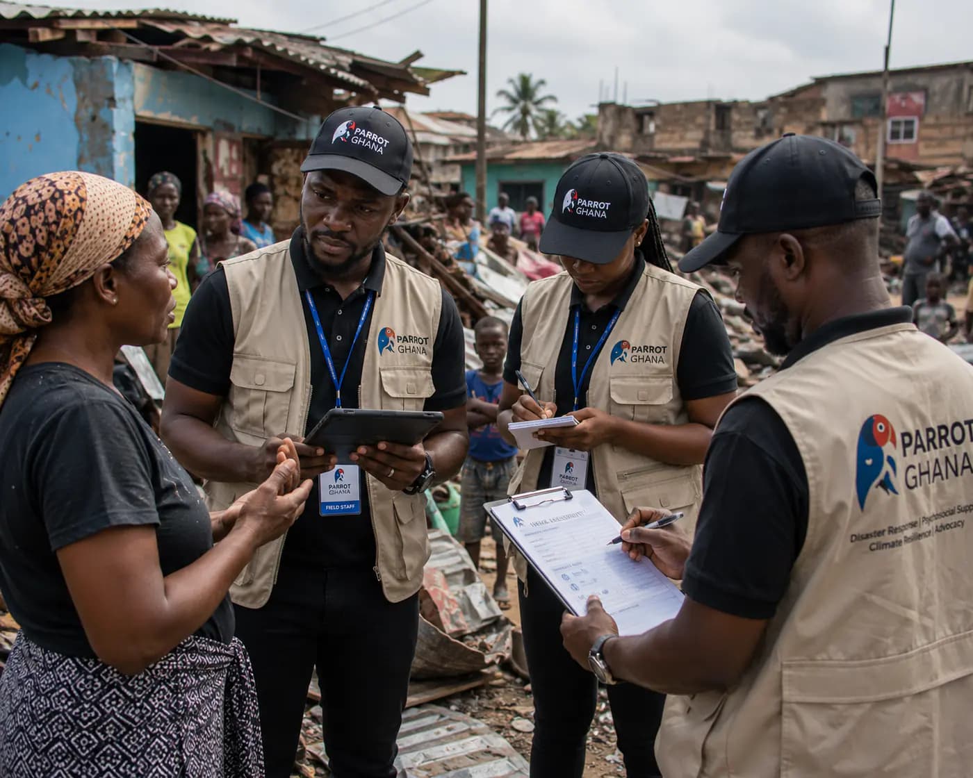 Parrot Ghana field team reviewing assessment notes in a community.
