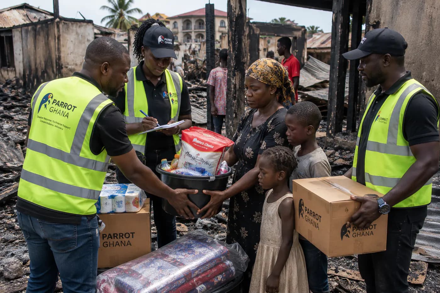 Parrot Ghana workers distributing relief supplies after fire damage.
