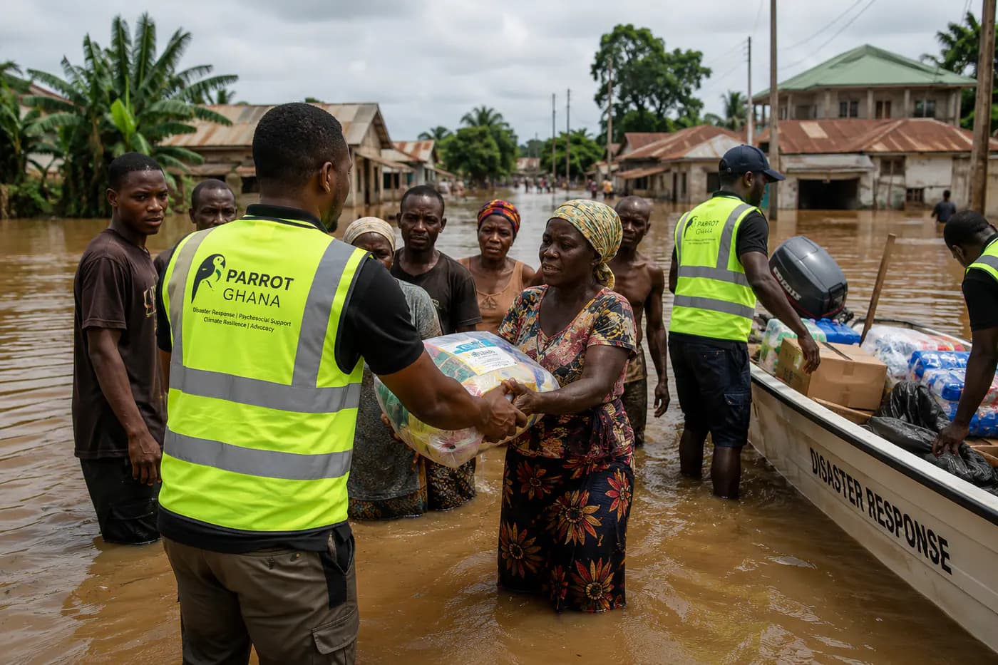 Parrot Ghana field workers delivering supplies from a boat after flooding.