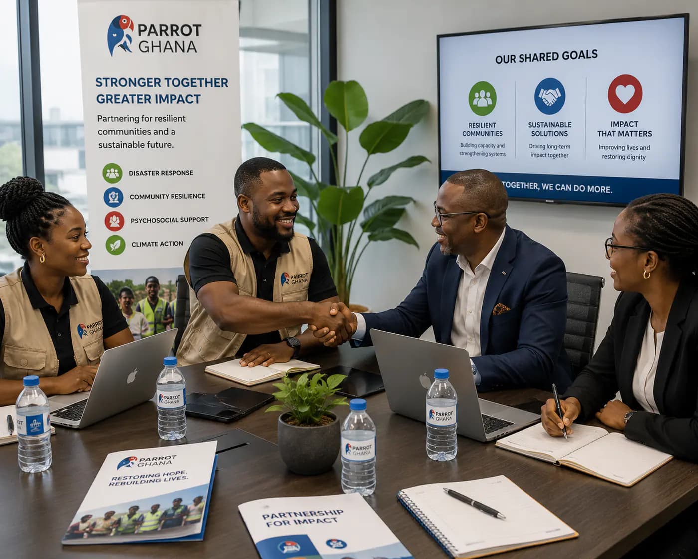 Parrot Ghana team members meeting with partners around a table.