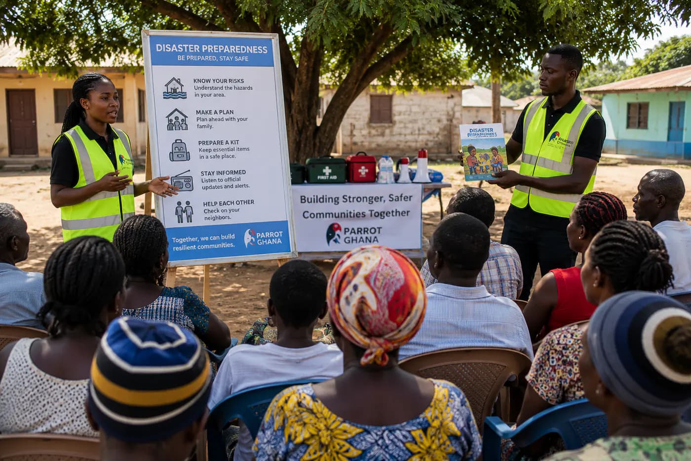 Parrot Ghana disaster preparedness training with community members.