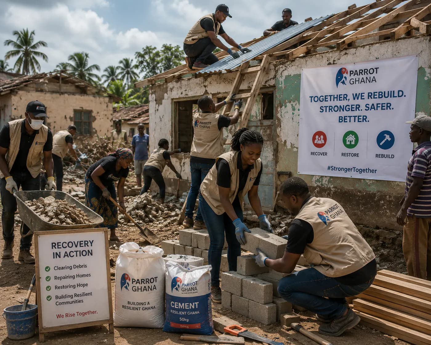 Parrot Ghana workers supporting rebuilding and recovery activity.