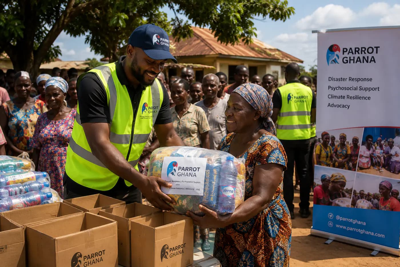 Parrot Ghana worker handing a relief box to a woman.