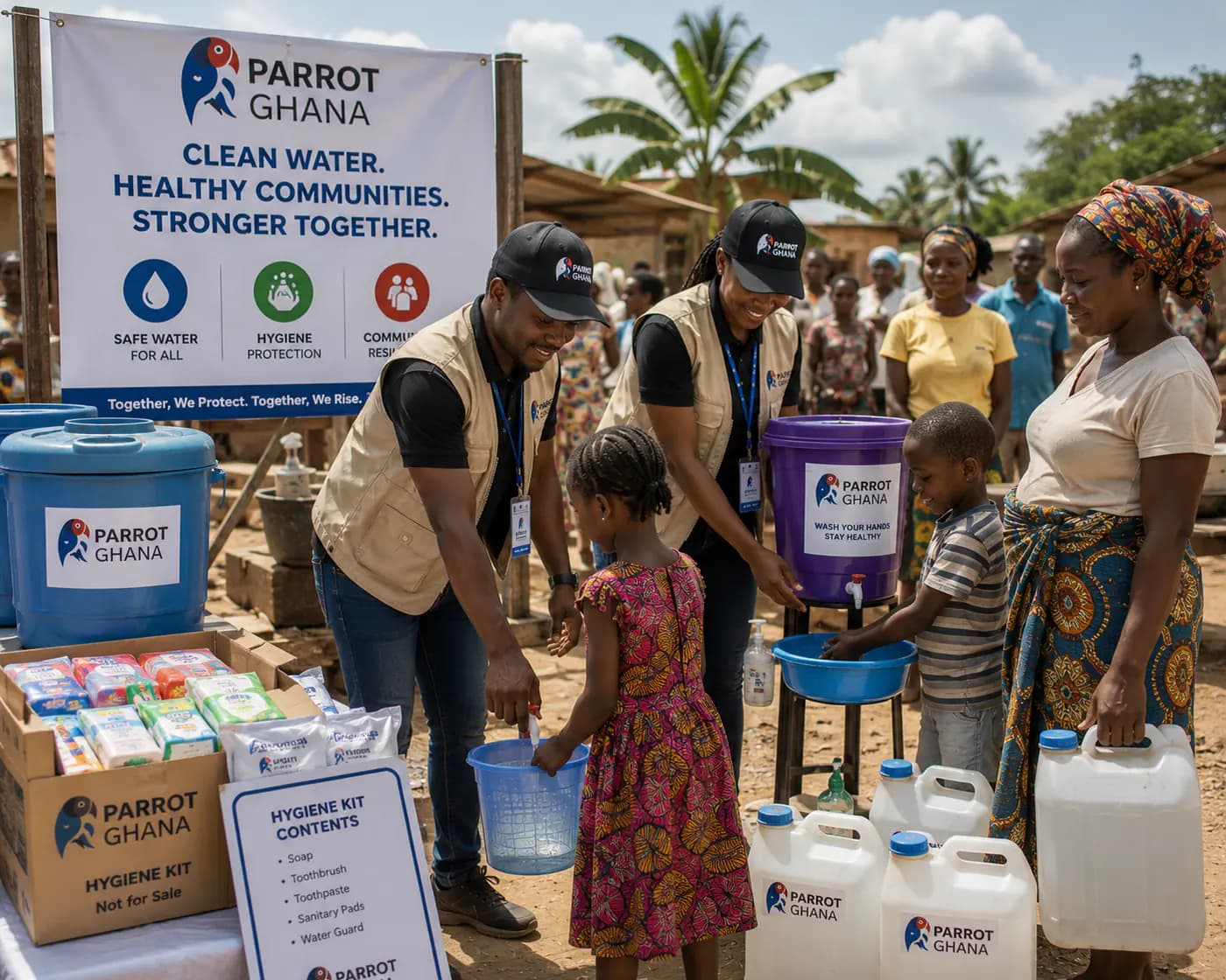 Parrot Ghana team distributing hygiene and relief items at a table.