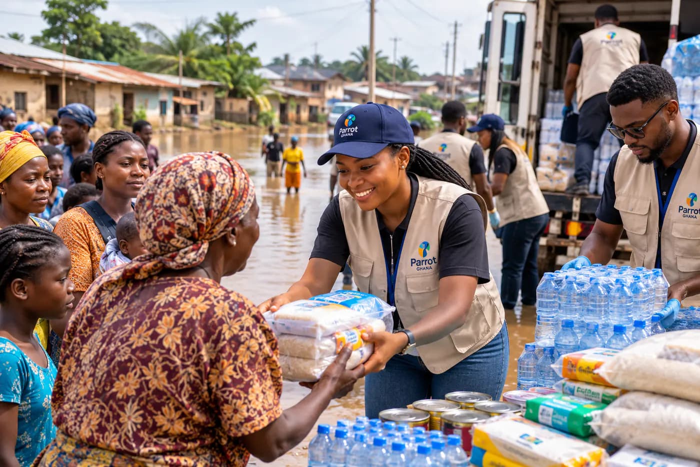 Parrot Ghana field worker distributing water and relief supplies.