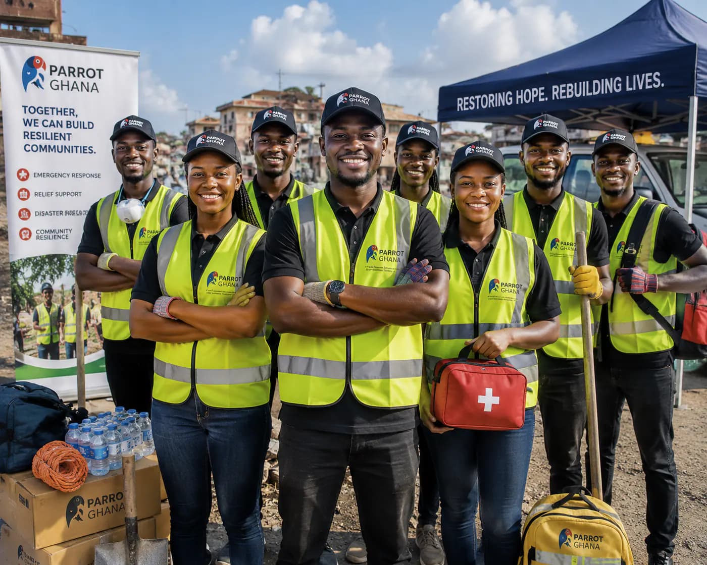 Parrot Ghana response team standing together in field gear.